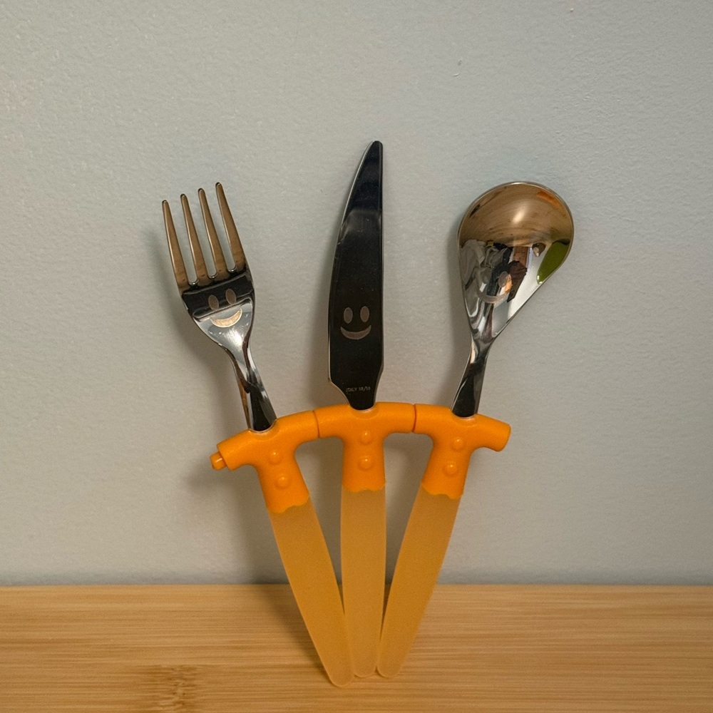 Trebimbi Kids Orange Utensil Cutlery Set Made in Italy 18/10 3 pieces NEW no box
